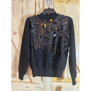 Nicole Miller Sequin Embellished Knit Sweater Crewneck Party Black Sparkly Small
